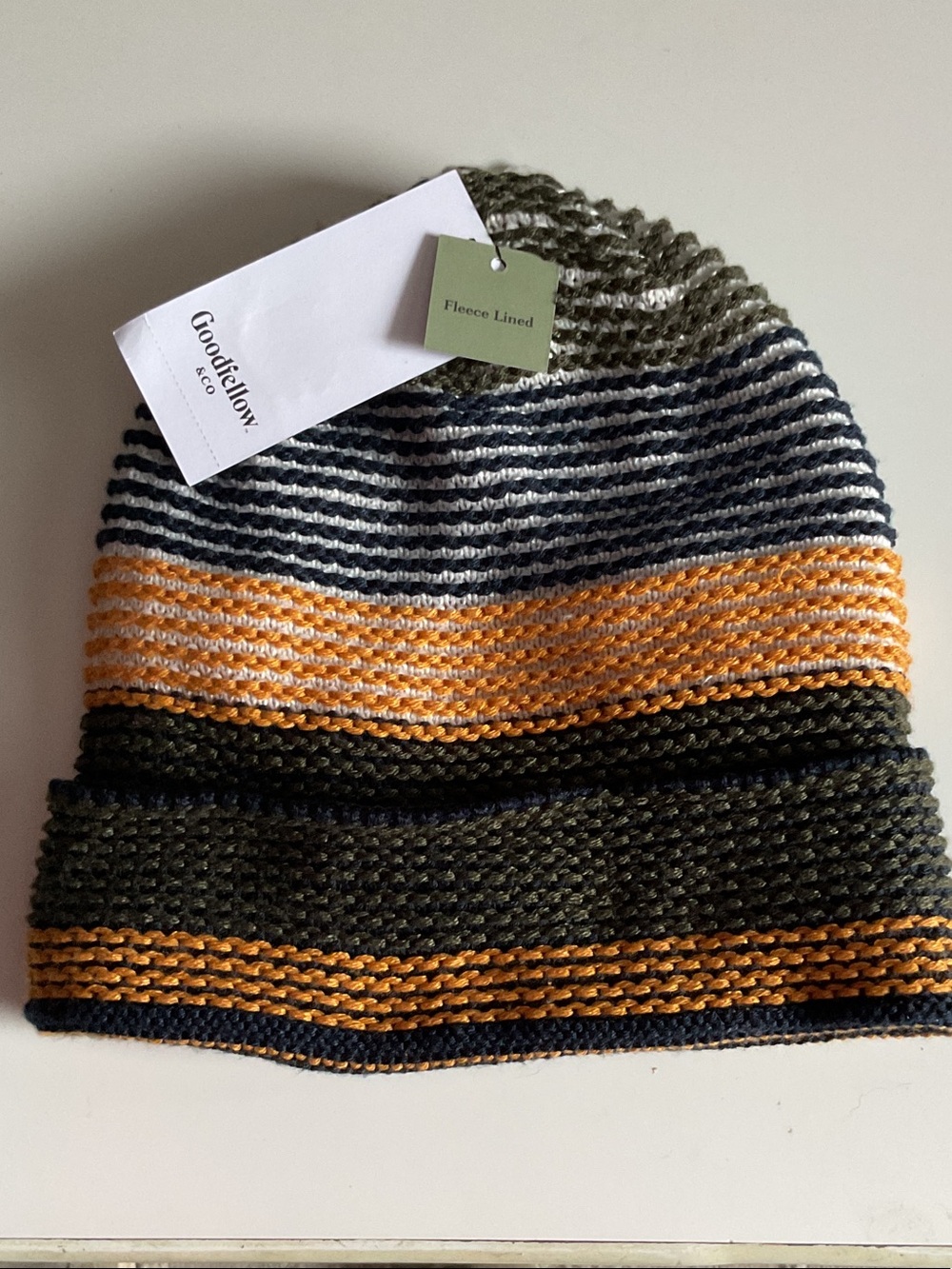 Goodfellow & Co Olive, Navy & Mustard Striped Knit Men’s Beanie. NWT